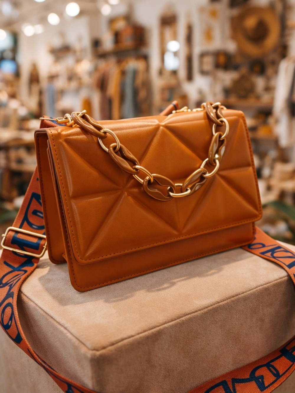 Caramel Quilted Chain Crossbody Bag | Statement Luxe